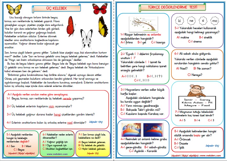 1.Sınıf Türkçe Üç Kelebek Değerlendirme Çalışması 14