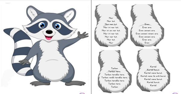 1. Sınıf İlk Okuma Yazma R-r Sesi Kes-Yapıştır-Oku Rakun Etkinliği