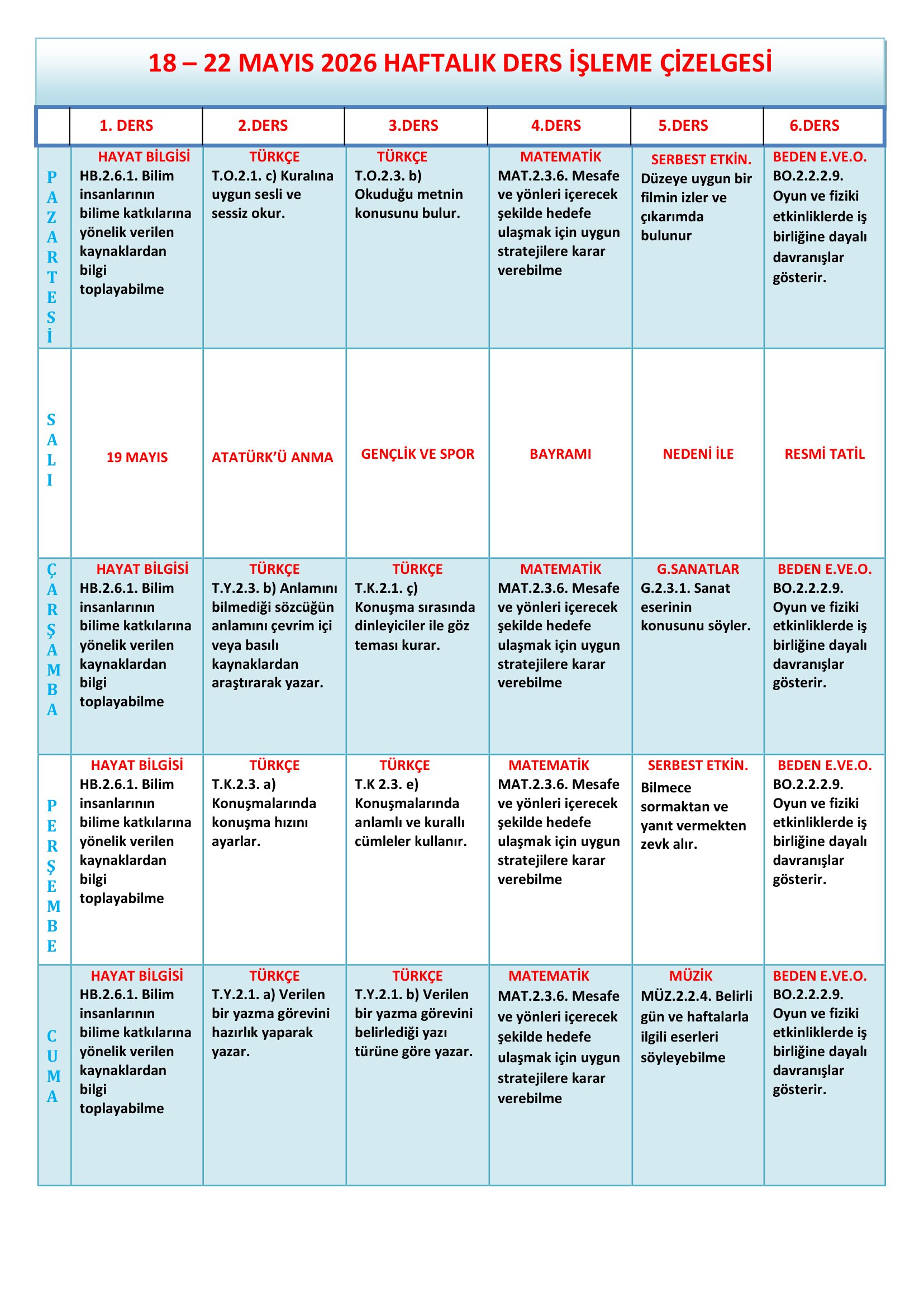 2.Sınıf 18 - 22 Mayıs 2026 Haftalık Ders İşleme Çizelgesi.doc