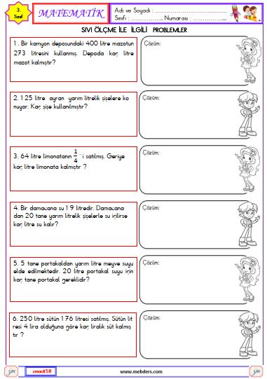 3. Sınıf Matematik Sıvıları Ölçme ile İlgili Problemler Etkinliği 2