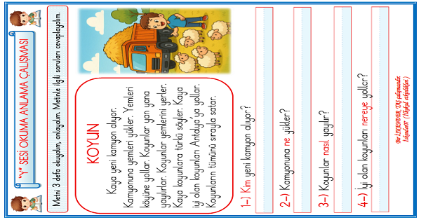 1. Sınıf İlk Okuma Yazma Y-y Sesi Okuma Anlama Çalışması