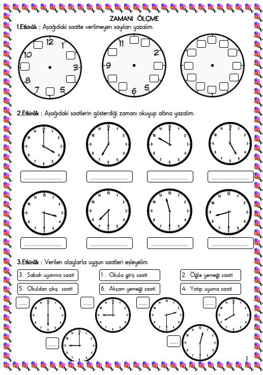 1. Sınıf Matematik Zamanı Ölçme , Saat Etkinliği 1