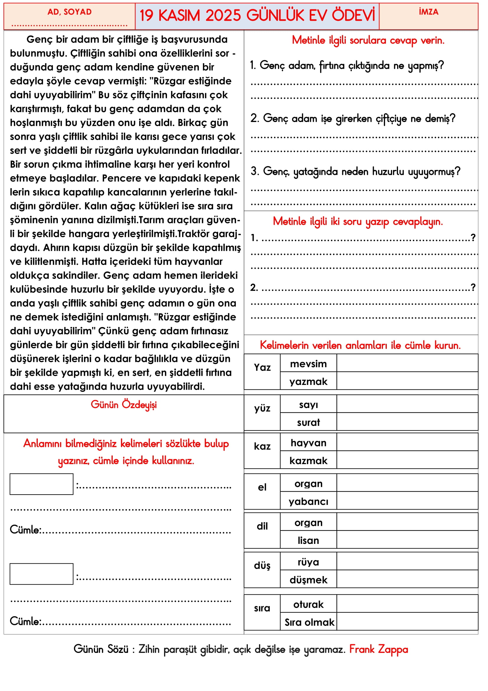 3.Sınıf - 19 Kasım 2025 Günlük Ev Ödevleri
