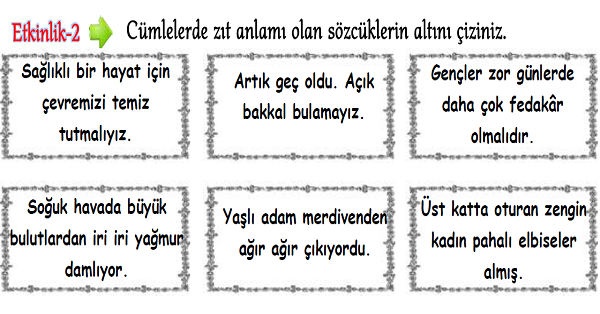 3.Sınıf Türkçe Zıt Anlamlı Kelimeler-2