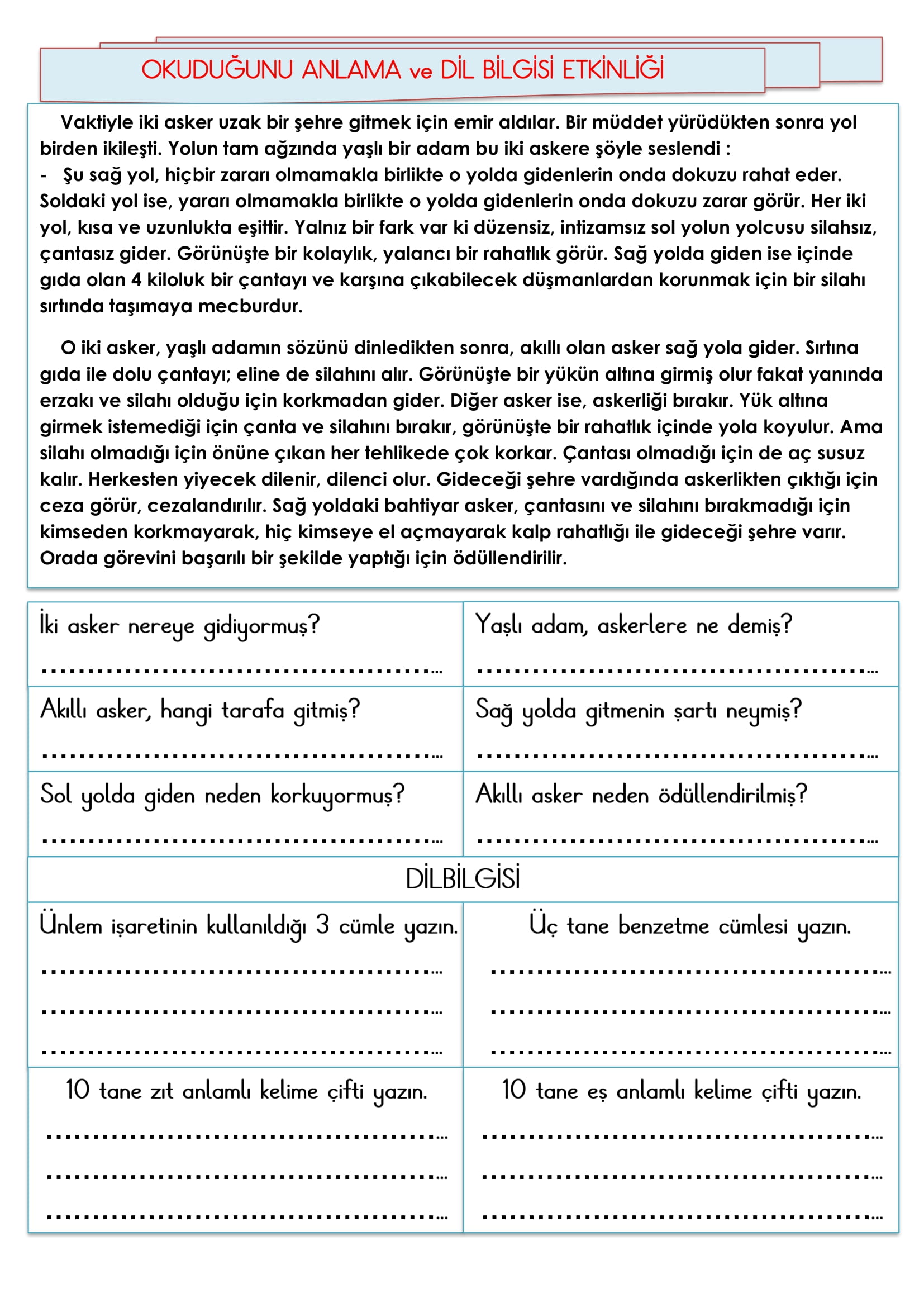 2.Sınıf - Türkçe Okuduğunu Anlama ve Dil Bilgisi Etkinliği-6