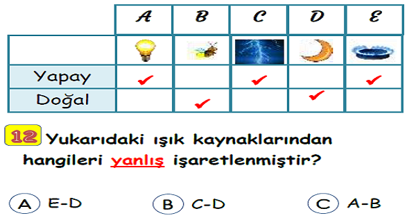 3.Sınıf Fen Bilimleri Işığın Görmedeki Rolü ve Işık Kaynakları Yaprak Test