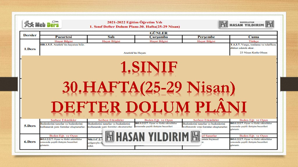 1.Sınıf 30.Hafta(25-29 Nisan) Defter Dolum Planı