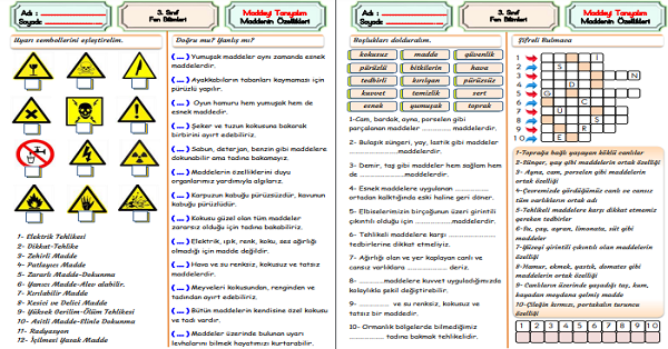 3.Sınıf Fen Bilimleri Maddeyi Niteleyen Temel Özellikleri Etkinlikler-2