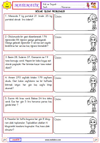 3. Sınıf Matematik Bölme İşlemi Problemleri Etkinliği 7