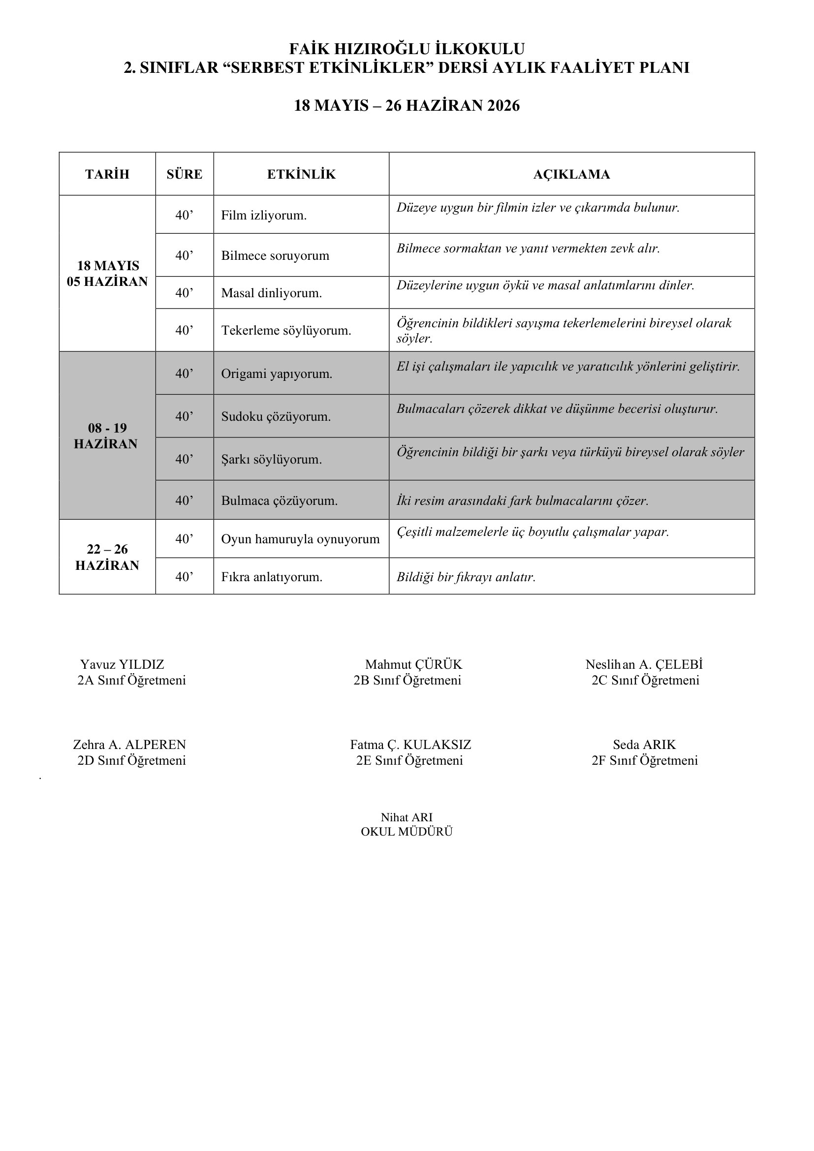 2.Sınıf 18 Mayıs - 26 Haziran 2026 Serbest Etkinlik Planı.doc