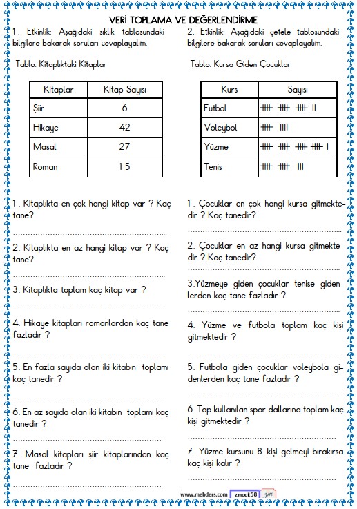 3. Sınıf Matematik Veri ve Tablo Etkinliği 5