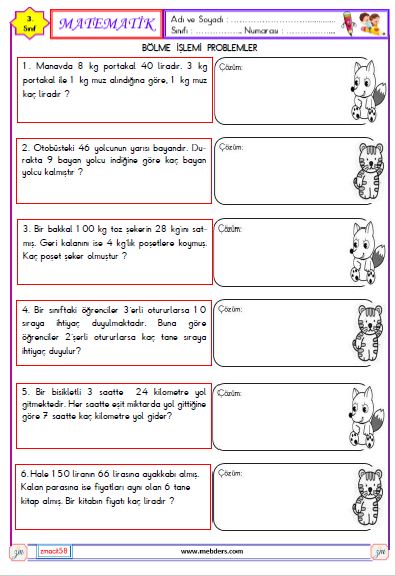 3. Sınıf Matematik Bölme İşlemi Problemleri Etkinliği 8