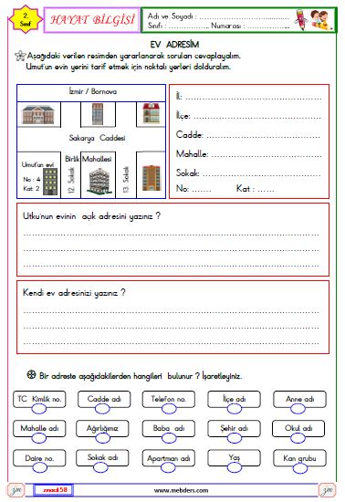 2. Sınıf Hayat Bilgisi Evimizin Adresi  Etkinliği