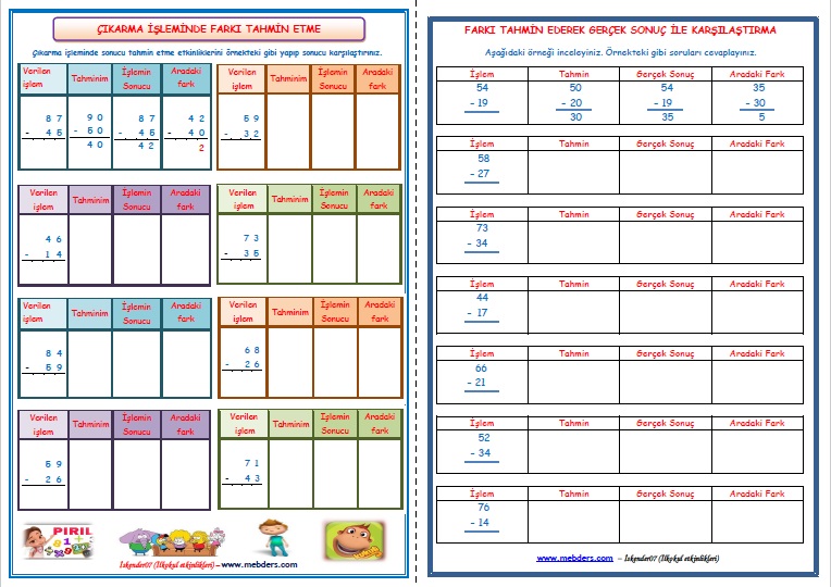 2.Sınıf Matematik Çıkarma İşleminde Farkı Tahmin Etme  (5 Sayfa)