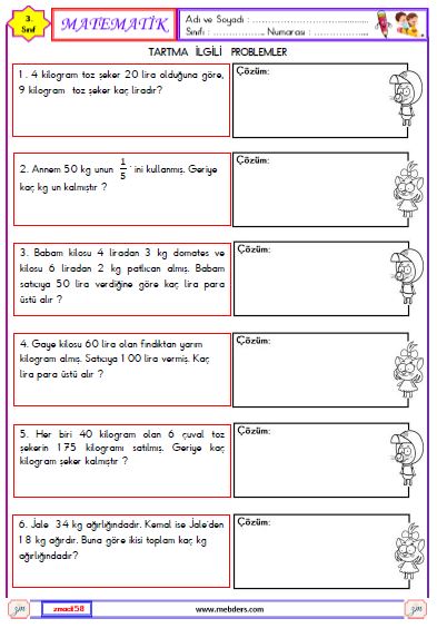 3. Sınıf Matematik Tartma ile İlgili Problemler Etkinliği 3