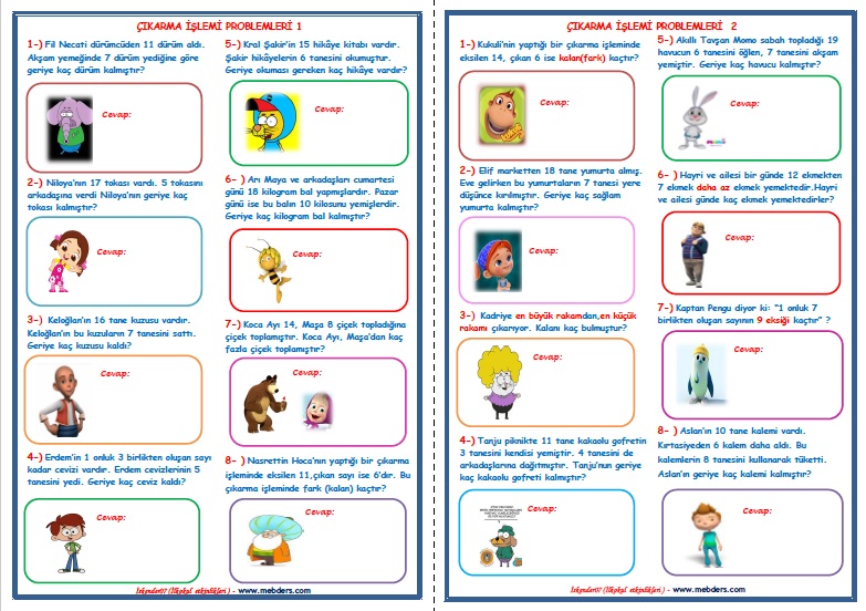 1.Sınıf Matematik Çıkarma İşlemi Problemleri 1-2   (2 Sayfa)