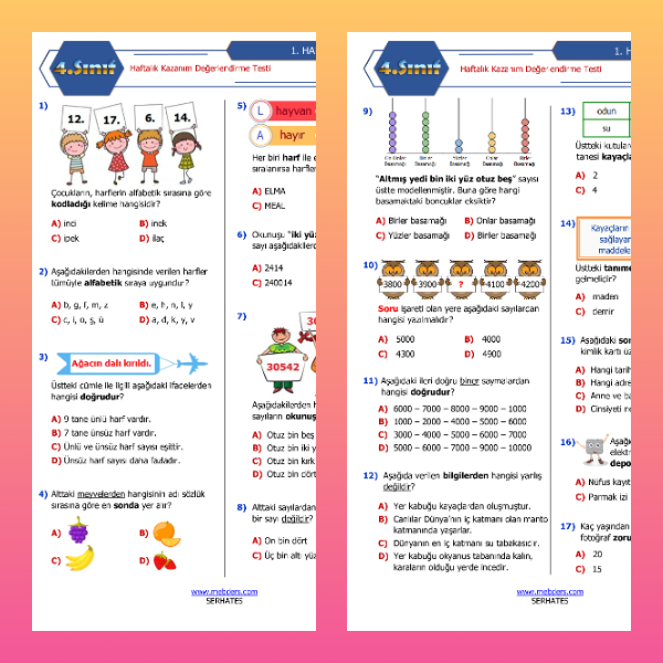 4. Sınıf Haftalık Değerlendirme Testi - 1. Hafta(12-16 Eylül)