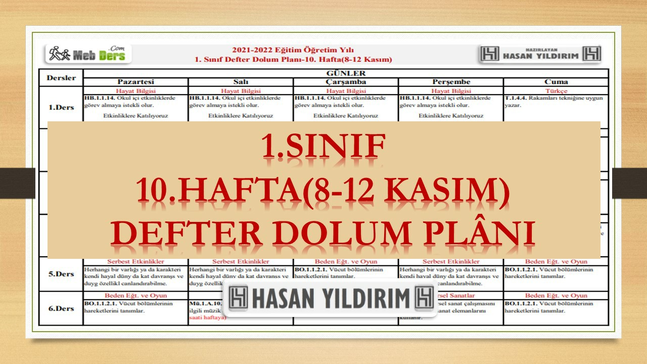 1.Sınıf 10.Hafta(8-12 Kasım) Defter Dolum Planı