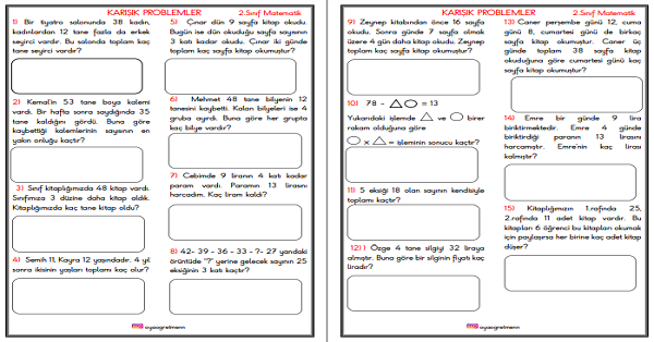 2. Sınıf Matematik Karışık Dört İşlem Problemleri