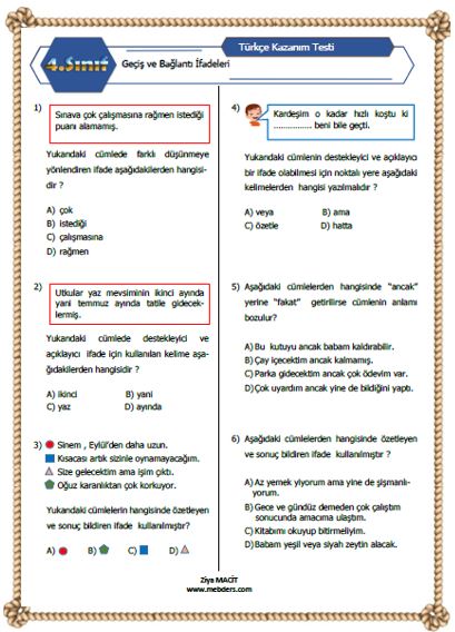 4.Sını Türkçe Geçiş ve Bağlantı İfadeleri  Kazanım Testi