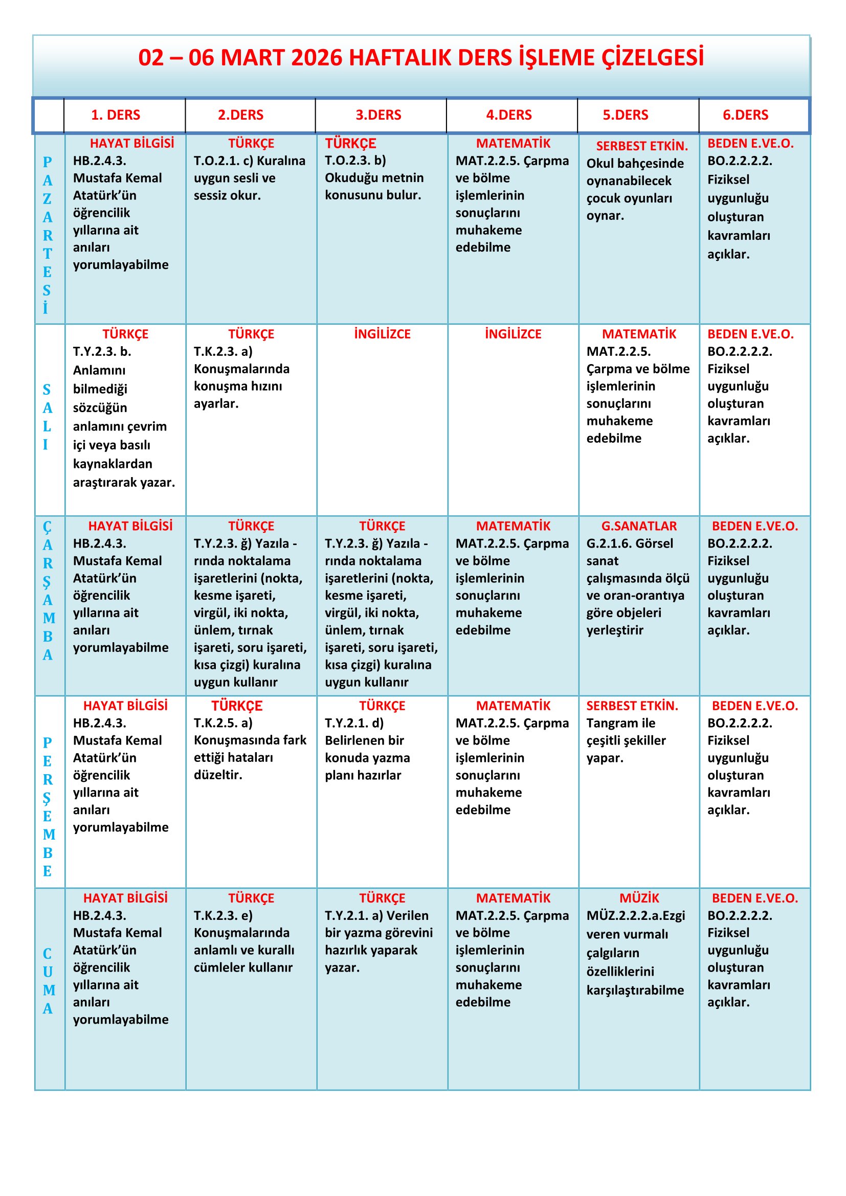 2.Sınıf 02 - 06 Mart 2026 Haftalık Ders İşleme Çizelgesi.doc