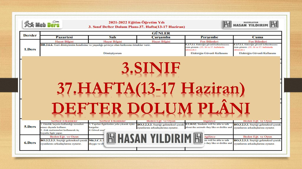 3.Sınıf 37.Hafta(13-17 Haziran) Defter Dolum Planı