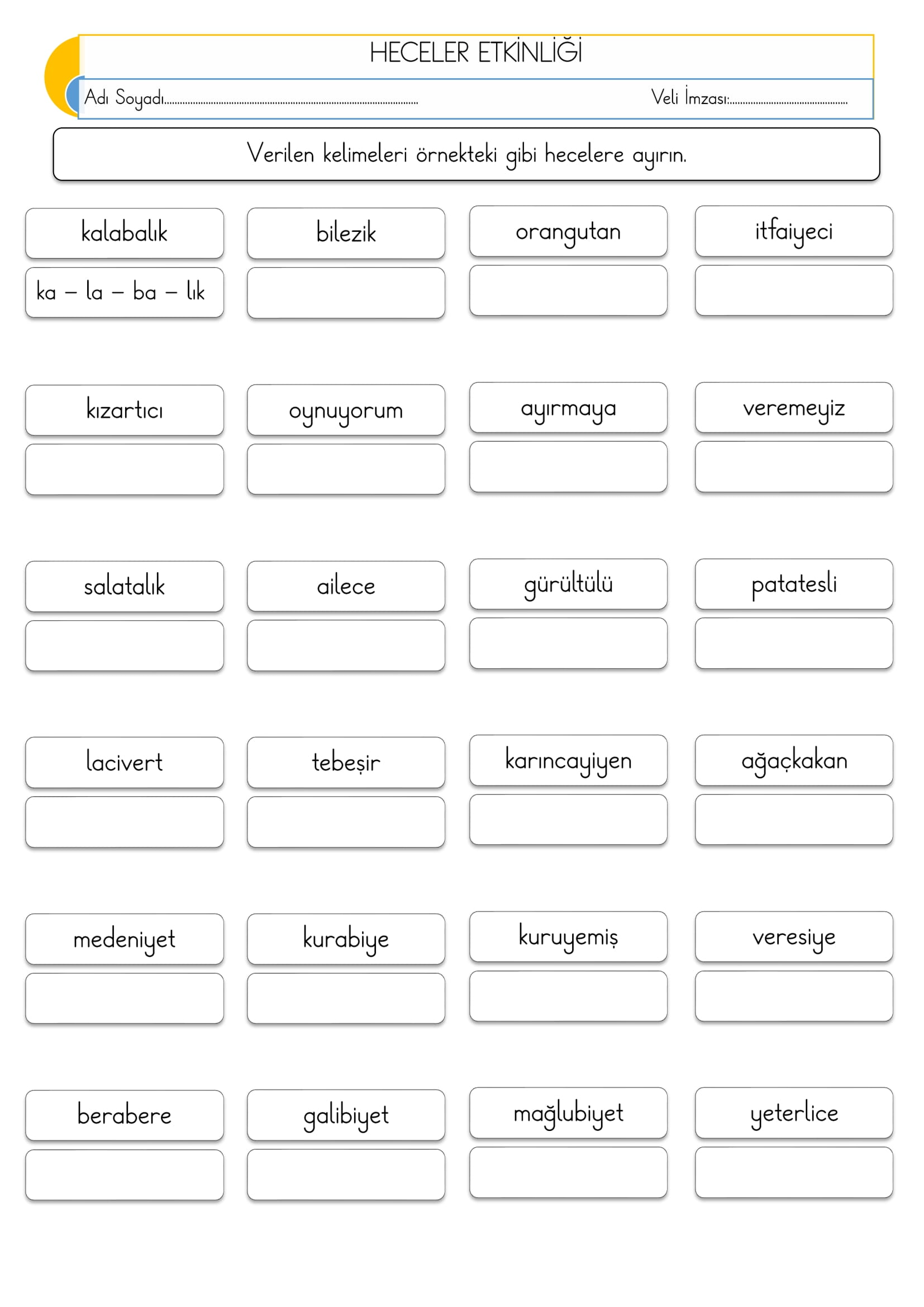 2.Sınıf - Türkçe - Hece Etkinliği