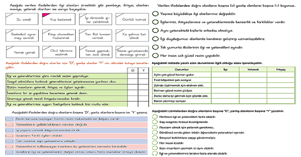 4. Sınıf Sosyal Bilgiler İlgi, İhtiyaç ve Yeteneklerim 2