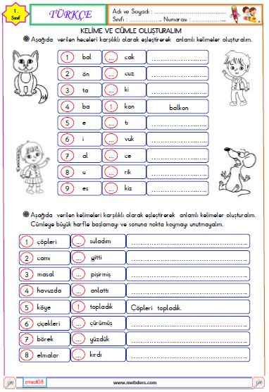1. Sınıf Türkçe Kelime ve Cümle Oluşturma Etkinliği