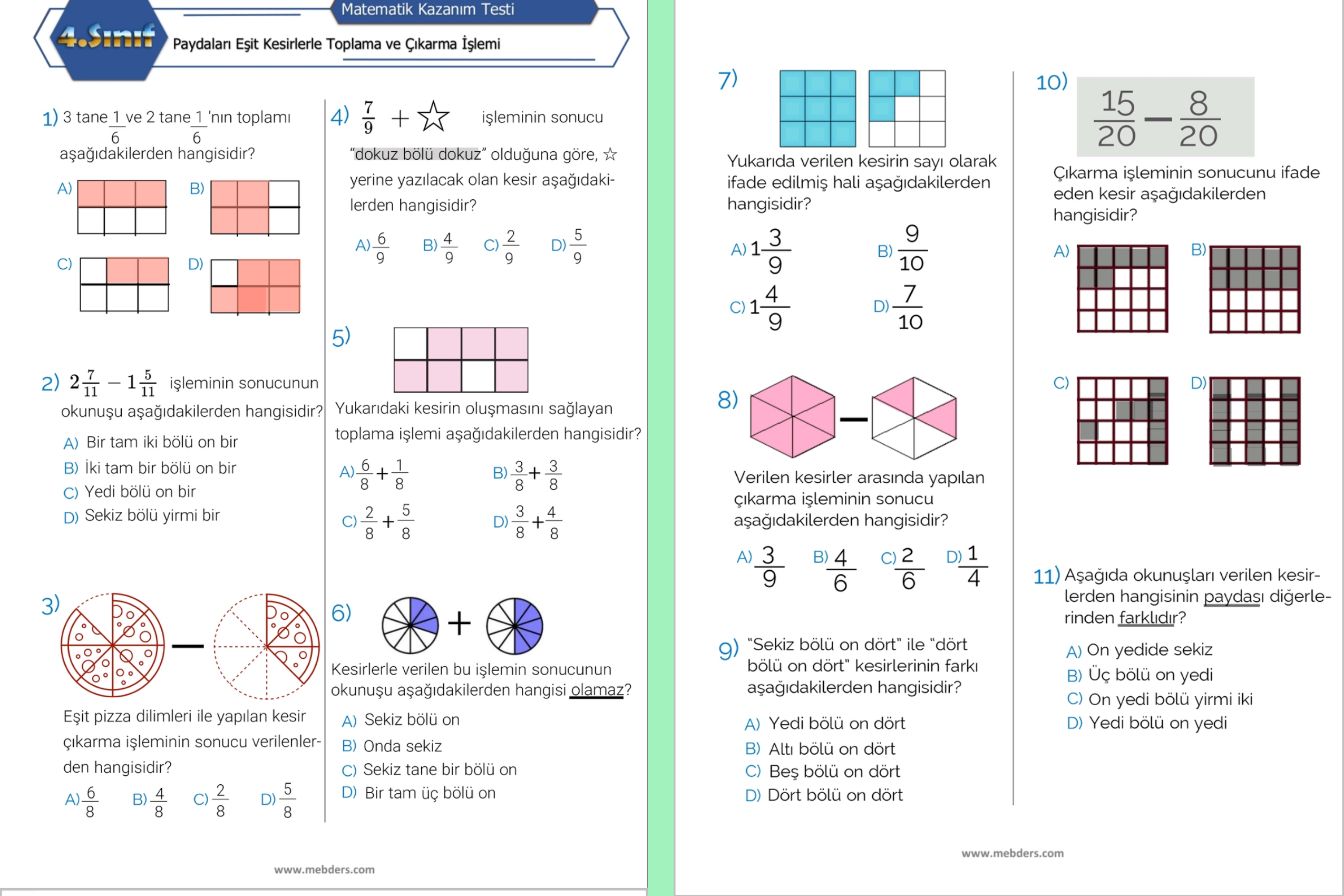 4. Sınıf Matematik Paydaları Eşit Kesirlerle Toplama ve Çıkarma İşlemi