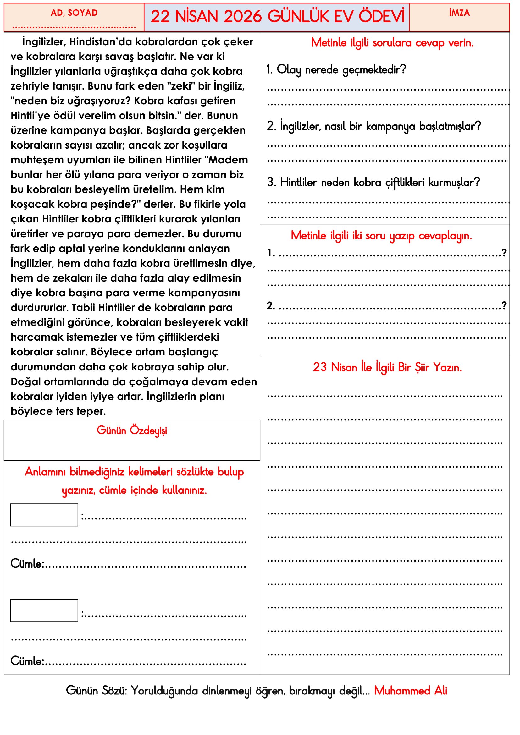 3.Sınıf - 22 Nisan 2026 Günlük Ev Ödevleri