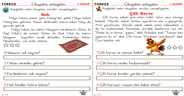 1. Sınıf İlk Okuma Yazma H-h Sesi Okuma Anlama Etkinliği (3 Sayfa)