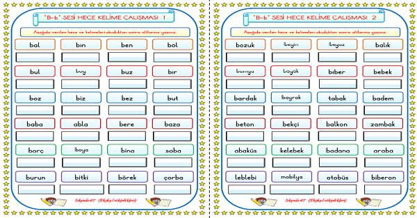 1. Sınıf İlk Okuma Yazma B-b Sesi Hece Kelime Okuma Yazma Çalışmaları