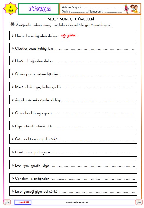 4. Sınıf Türkçe Sebep ve Sonuç Cümleleri Etkinliği 8