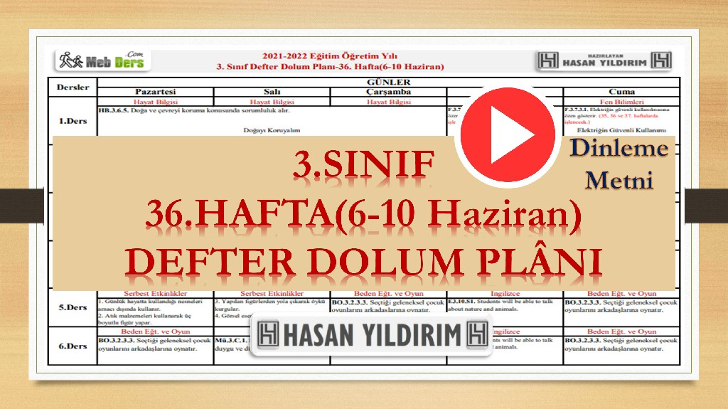 3.Sınıf 36.Hafta(6-10 Haziran) Defter Dolum Planı