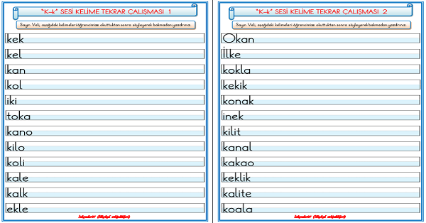 1. Sınıf İlk Okuma Yazma K-k Sesi Kelime Tekrar Çalışması
