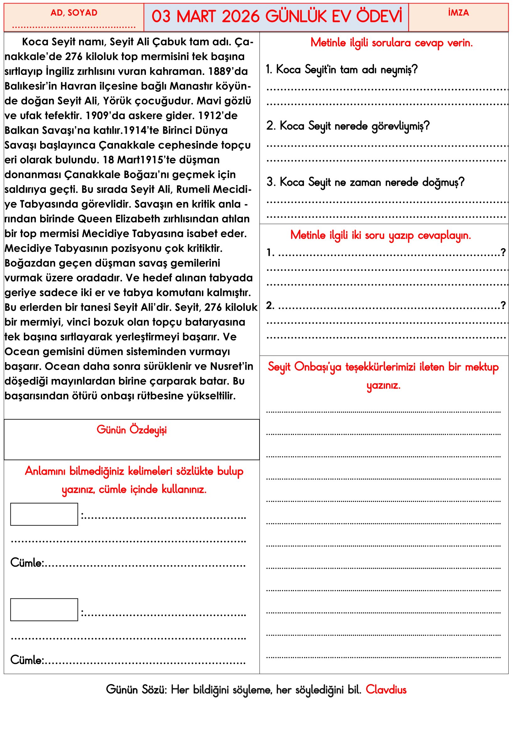 3.Sınıf - 03 Mart 2026 Günlük Ev Ödevleri