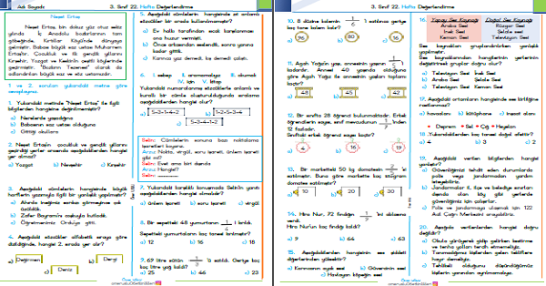 3. Sınıf Haftalık Kazanım Değerlendirme Testi 22. Hafta (23-27 Şubat)