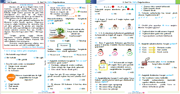 3. Sınıf Haftalık Kazanım Değerlendirme Testi 14. Hafta (15 - 19 Aralık)