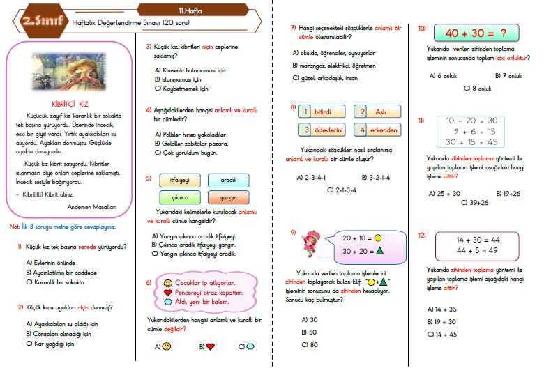 2.Sınıf Haftalık Değerlendirme Testi - 11.Hafta (22-26 Kasım)