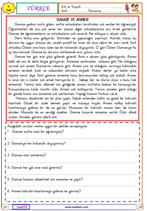 3. Sınıf Türkçe Okuma ve Anlama Metni Etkinliği (Gamze ve Annesi) 33