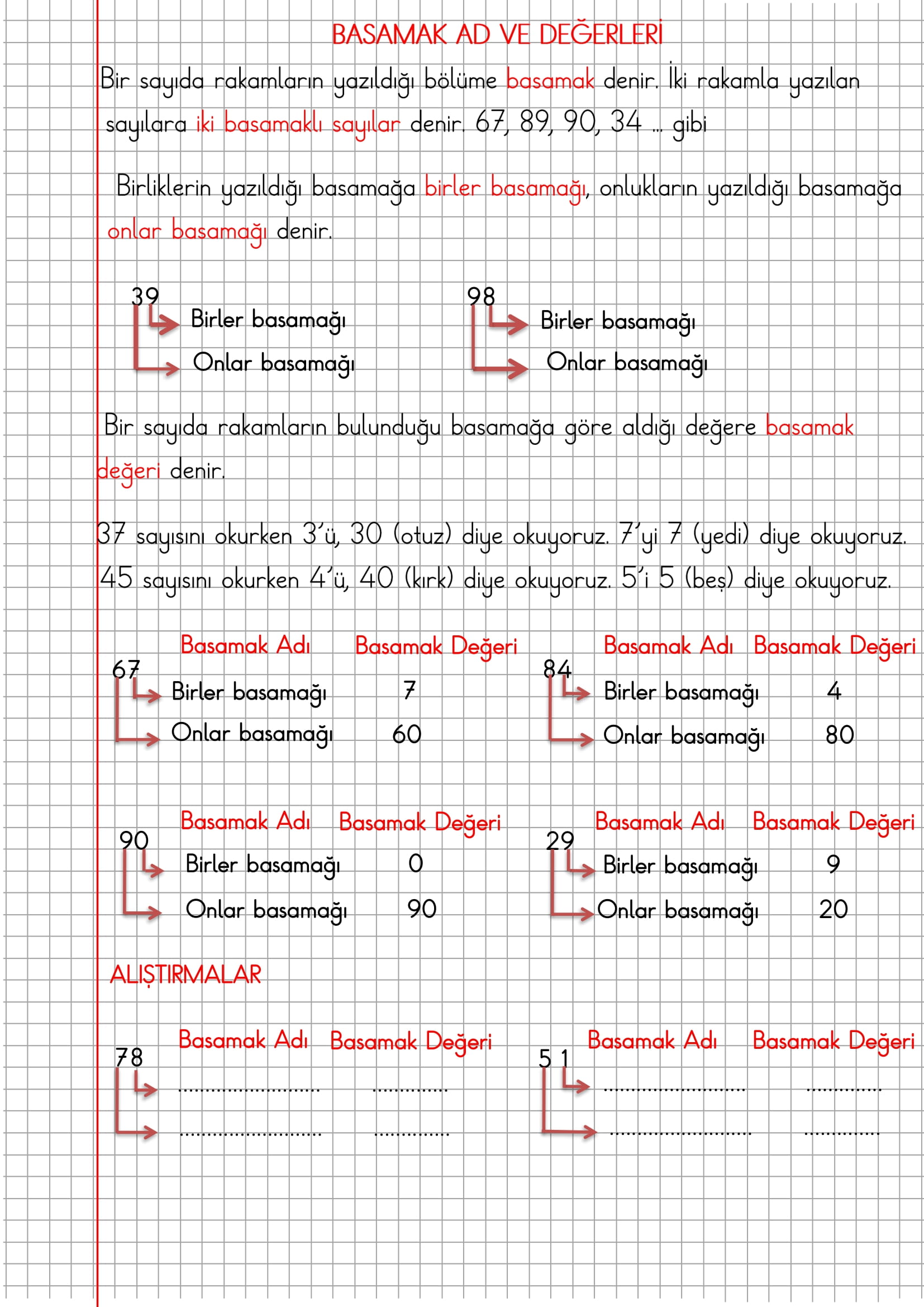 2.Sınıf Matematik Kareli Defterde Basamak Ad ve Değerleri Konu Anlatımı