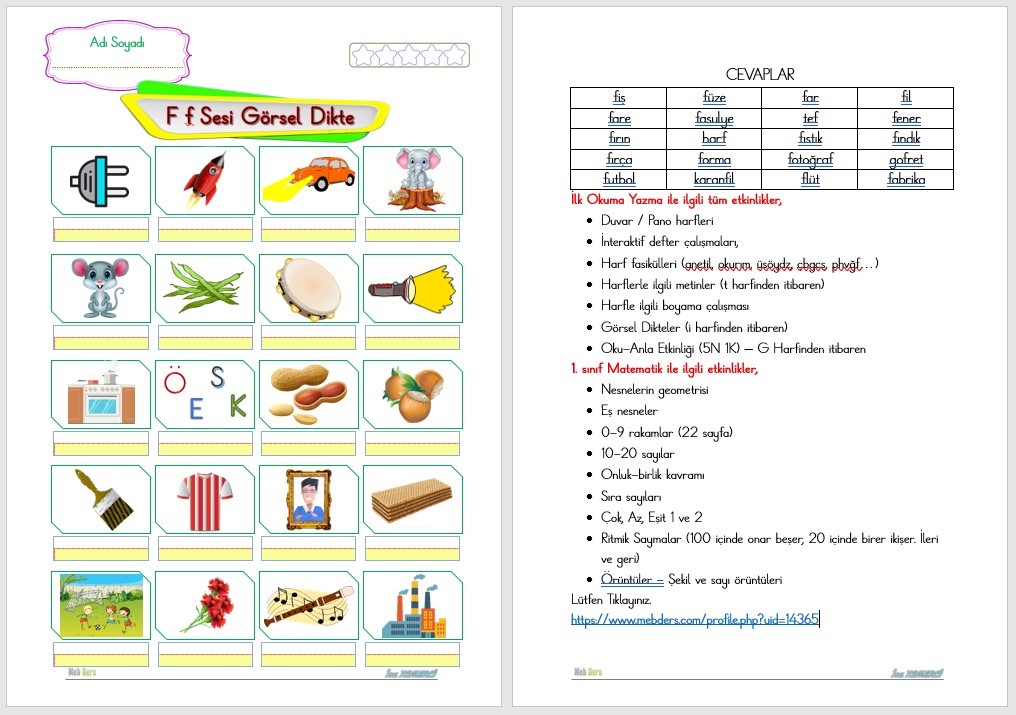 1. Sınıf İlk Okuma Yazma F Sesi GÖRSEL DİKTE