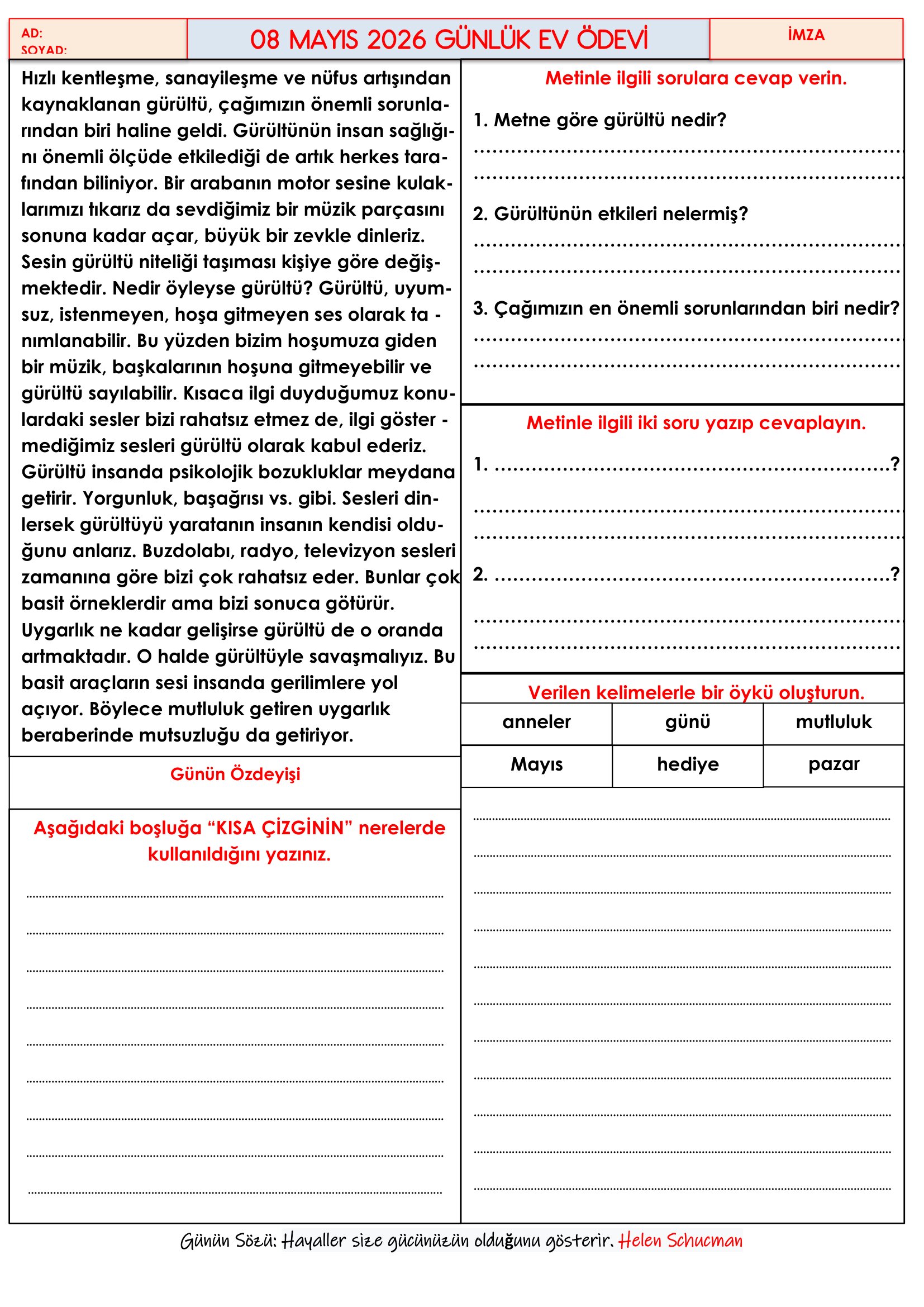 4.Sınıf - 08 Mayıs 2026 Günlük Ev Ödevleri
