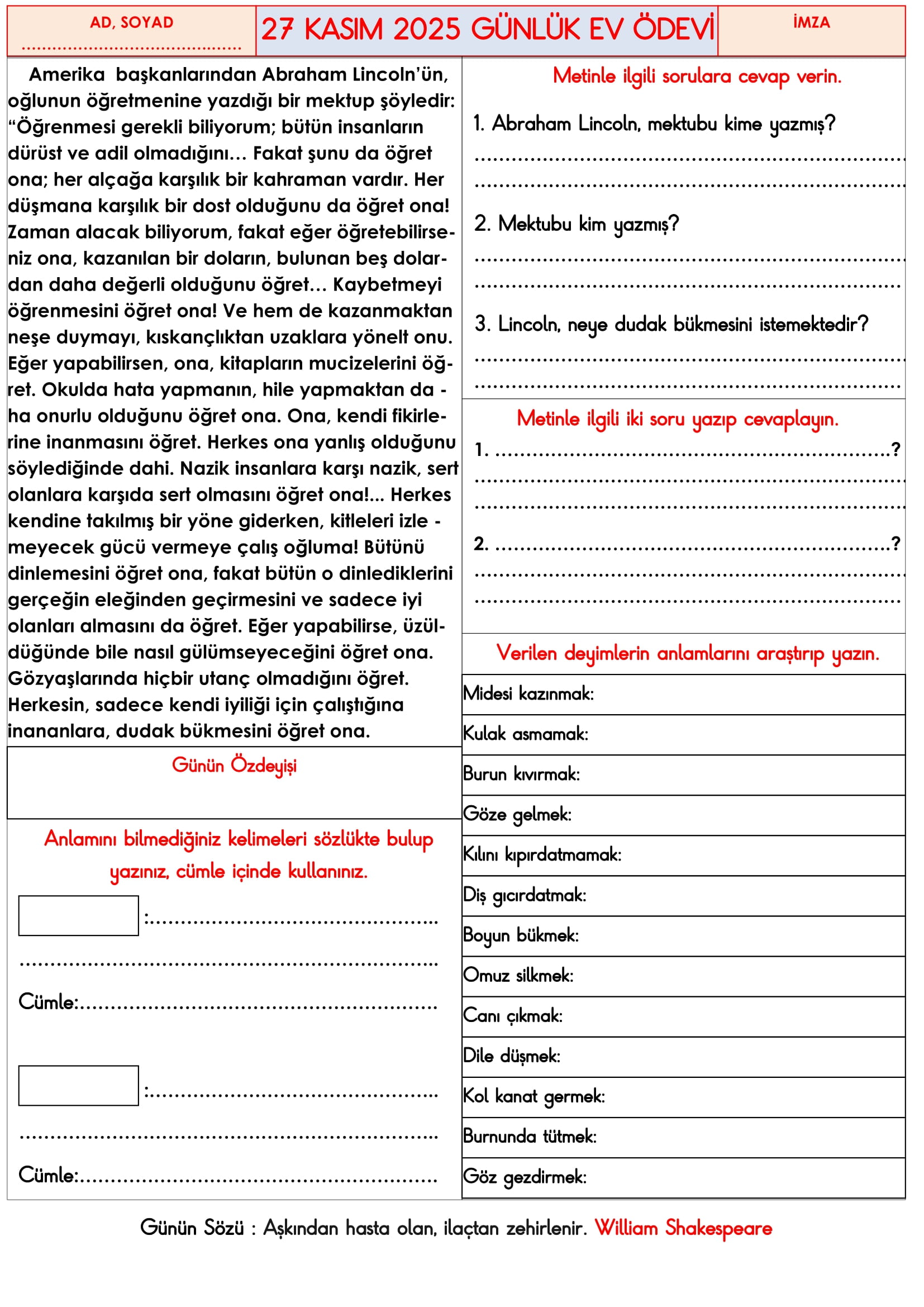 3.Sınıf - 27 Kasım 2025 Günlük Ev Ödevleri