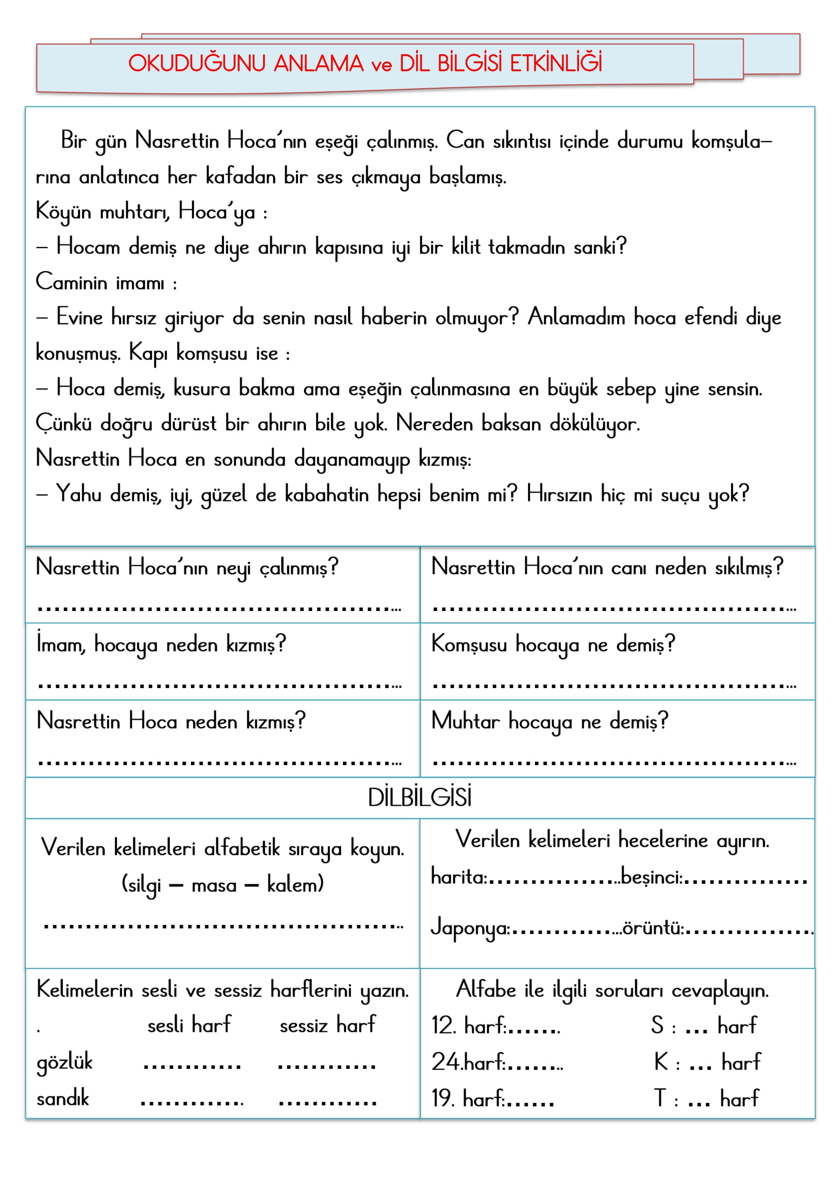 2.Sınıf - Türkçe Okuduğunu Anlama ve Dil Bilgisi Etkinliği