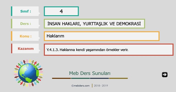 4.Sınıf İnsan Hakları, Yurttaşlık ve Demokrasi - Haklarım Sunusu