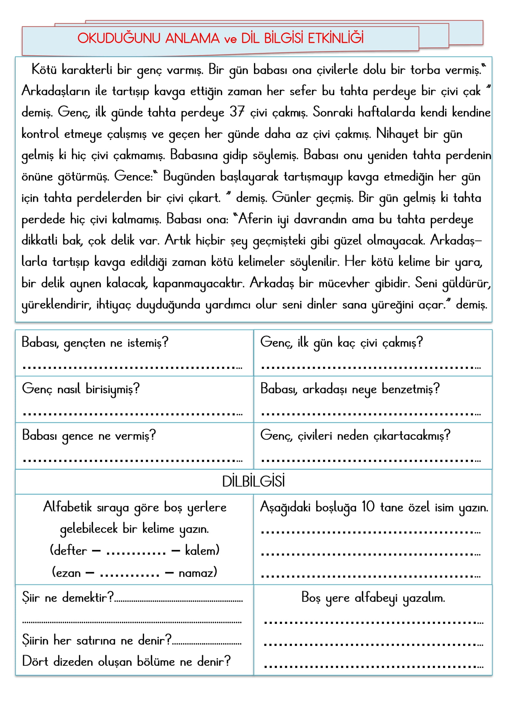 2.Sınıf - Türkçe Okuduğunu Anlama ve Dil Bilgisi Etkinliği-2