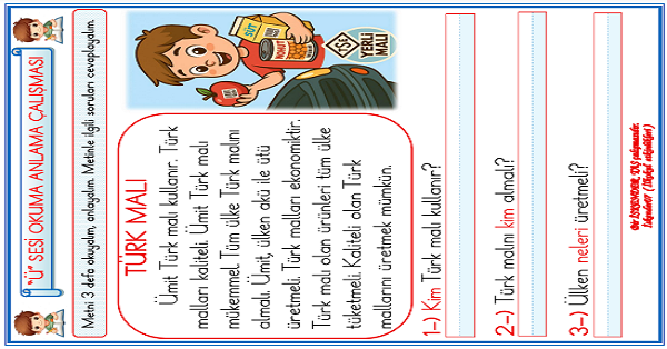 1. Sınıf İlk Okuma Yazma Ü-ü Sesi Okuma Anlama Etkinliği