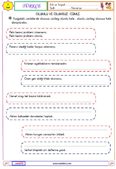 3. Sınıf Türkçe Olumlu ve Olumsuz Cümle Etkinliği